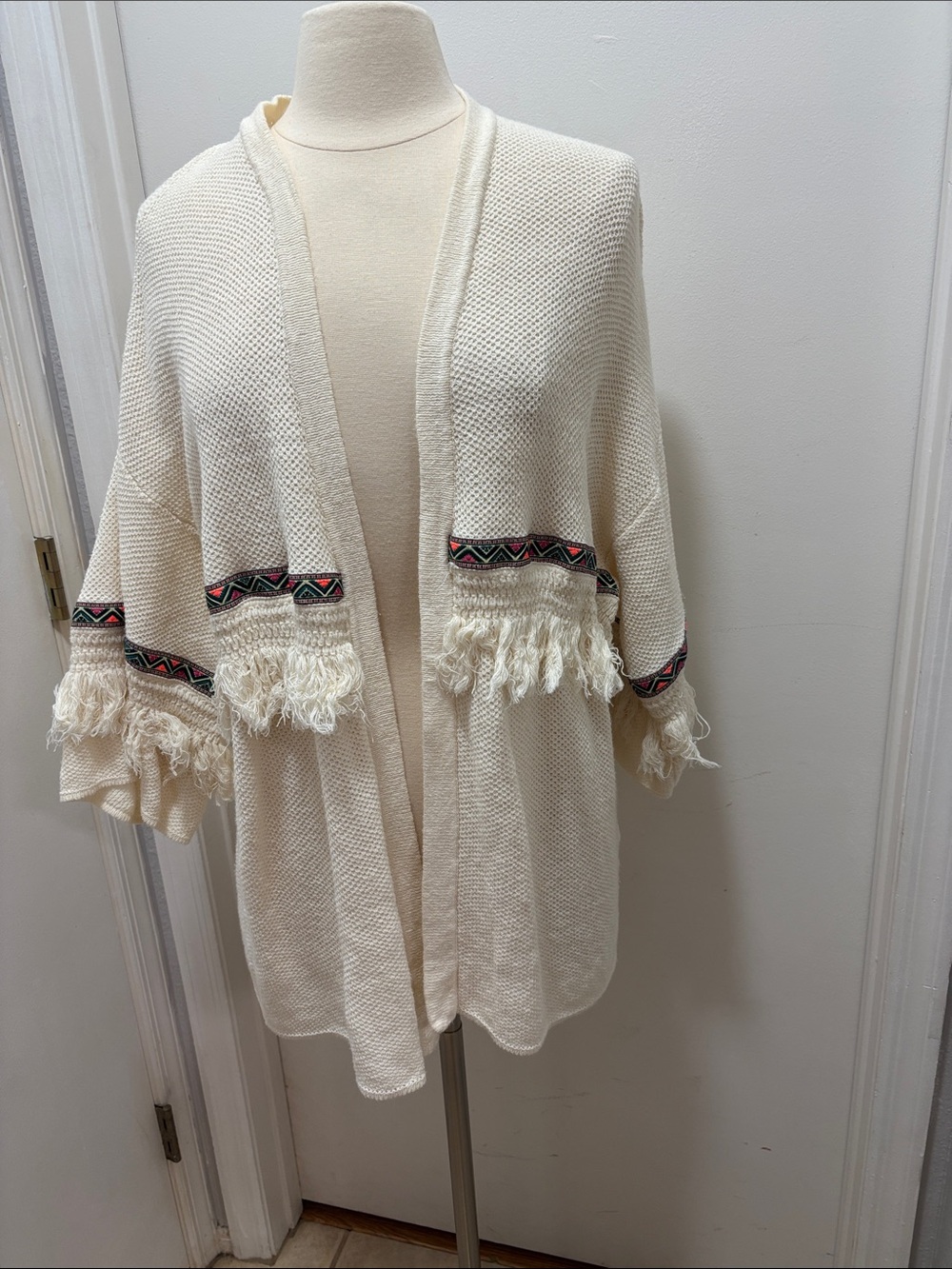 H&M Coachella Cream Open-Front Fringe Cardigan with Embroidered Trim